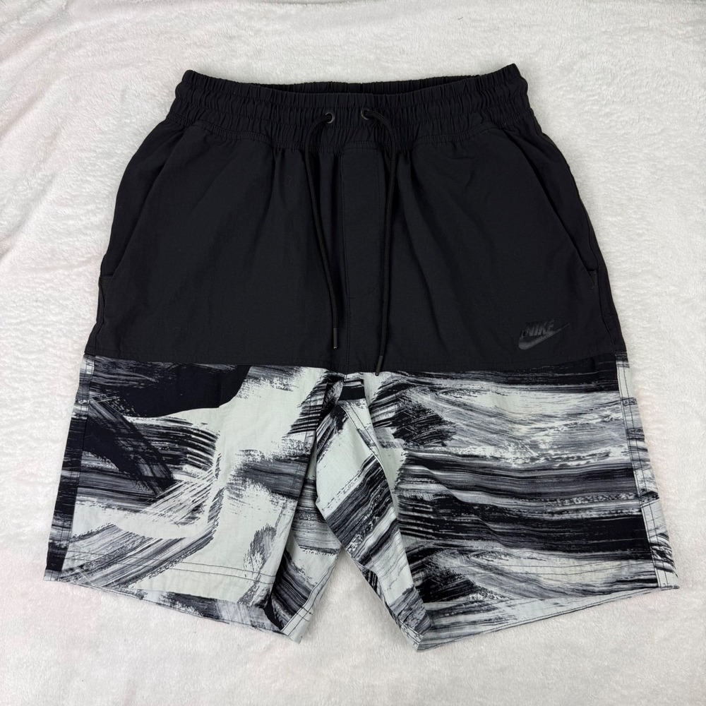 Nike Mens Brushstroke Graphic Athletic Shorts Black White Hybrid Size M